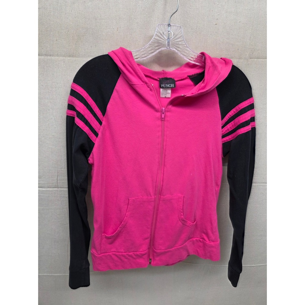 Pink Punch Womens Full Zip Hoodie Hot Pink Black Striped‎ Sleeves Size M